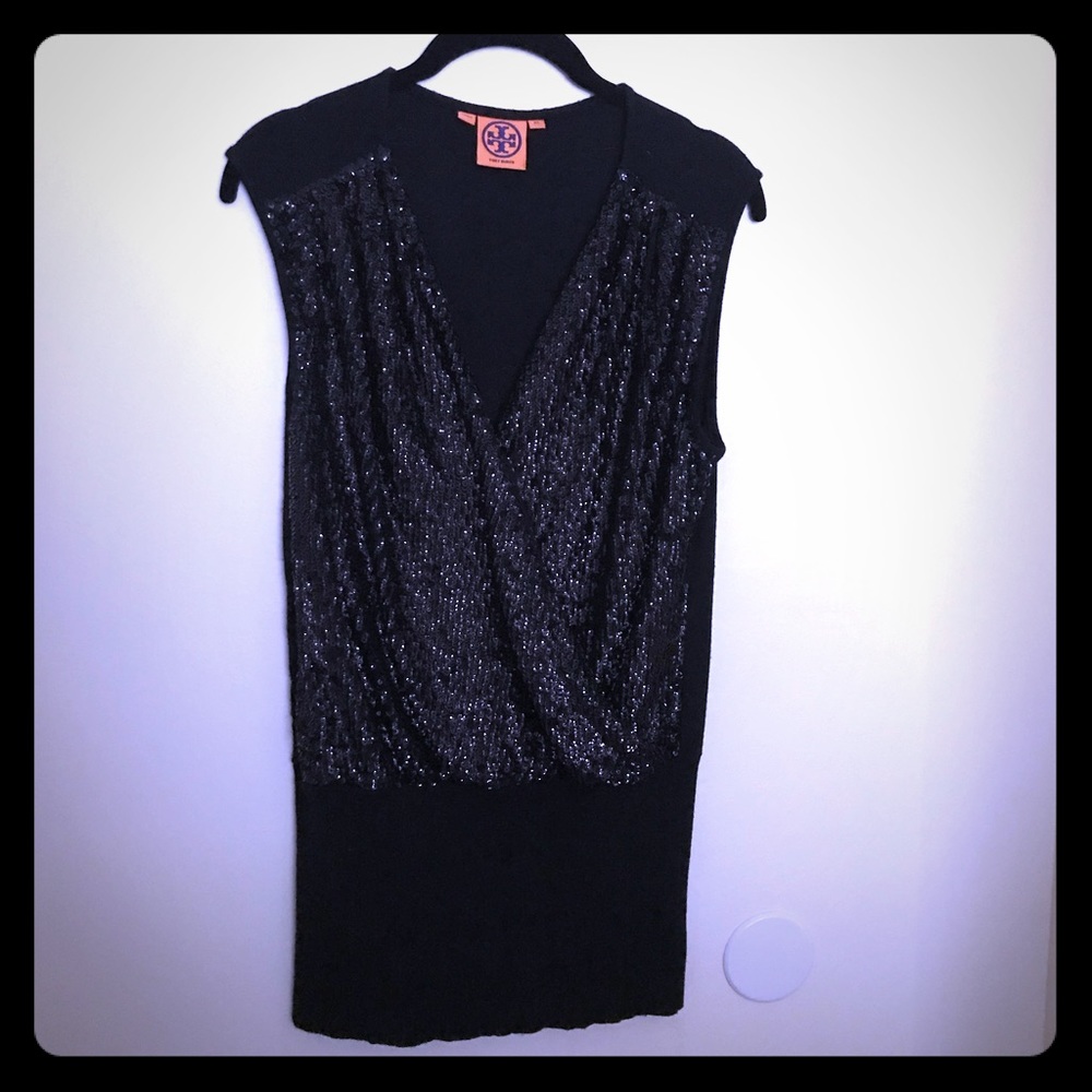 Tory Burch Sequin Top Sleeveless, Wool, black, XS